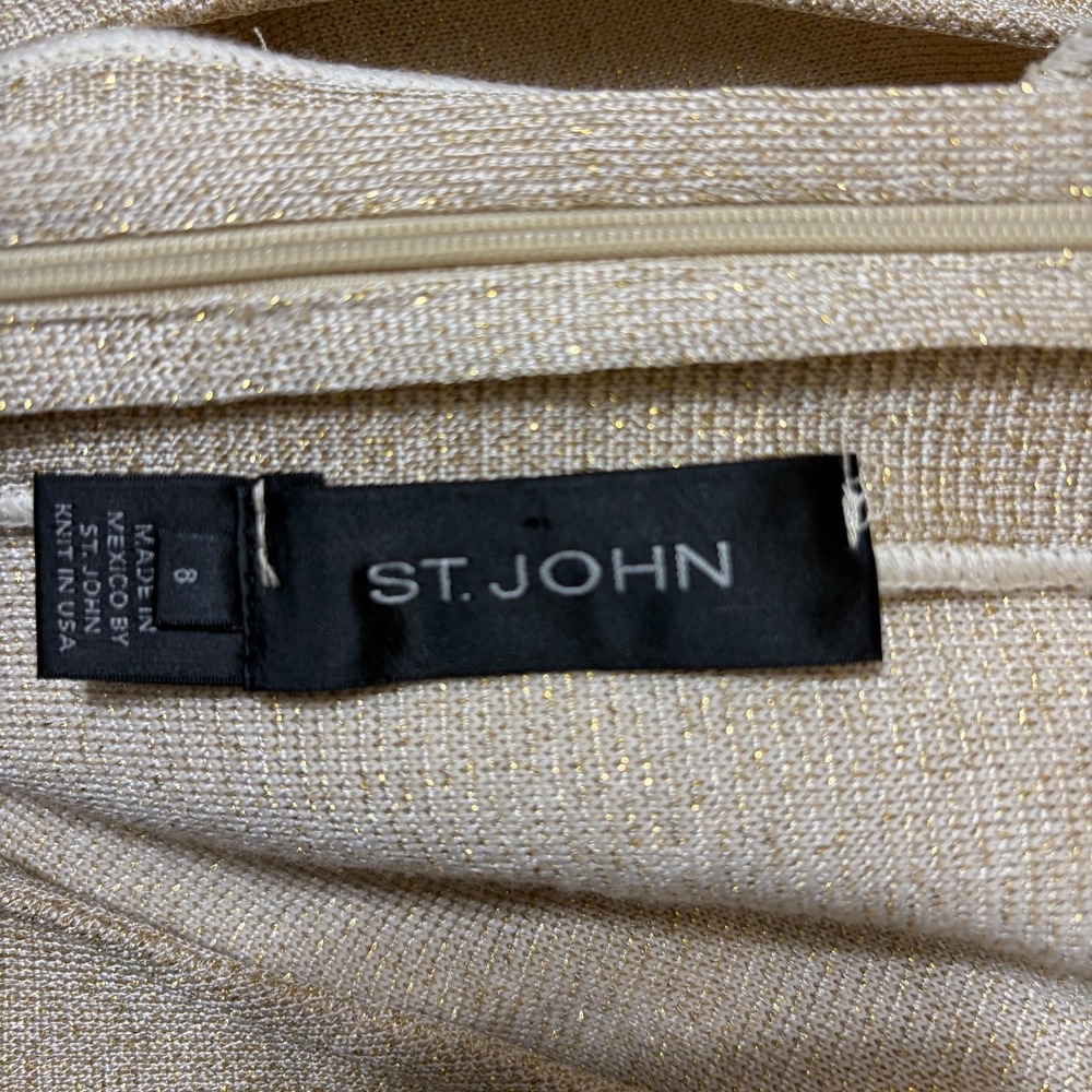 ST JOHN Gold Metallic Dress 8 Stretch Knit A-Line Quiet Luxury Wedding Guest - Picture 12 of 15